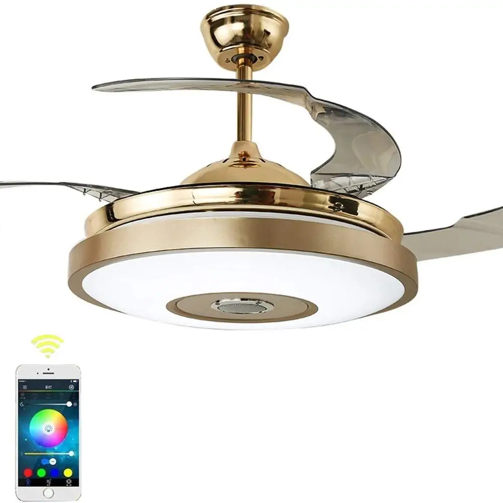 

Bluetooth Remote Control 3 Color Changes Music Ceiling Fan Chandelier LED Invisible Retractable Blades Ceiling Fan Light