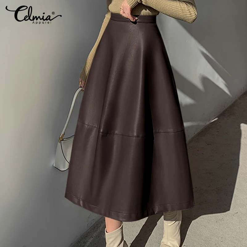 

2020 Autumn WomenPU Leather Skirts Celmia Casual Loose Solid Street skirts Plus Size Office Skirts Fashion A-Line Zipper Skirt