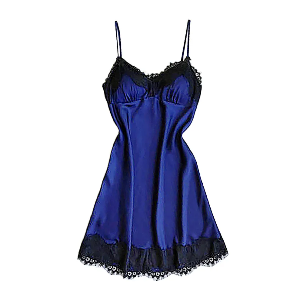 Для женщин кружевные Сатиновые платья Sleepdress Твердые рукавов Сексуальная модная одежда для сна, одежда для сна, Camisa Noite Mulher Новое поступление, горячая Распродажа YE - Цвет: Dark Blue