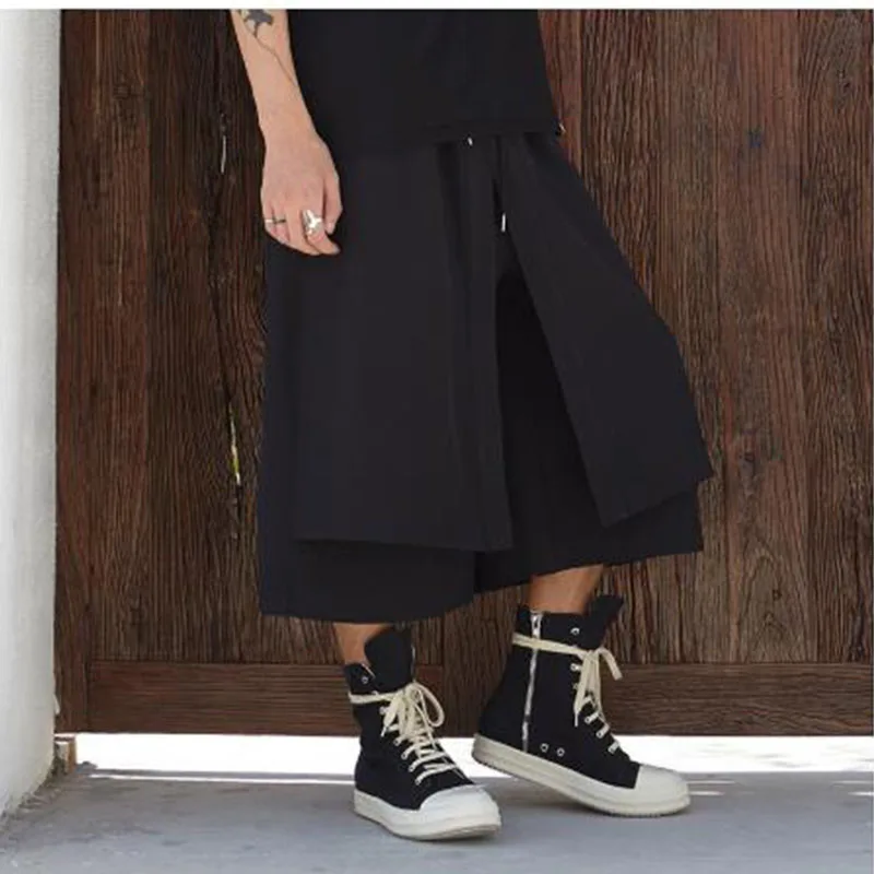 Men's pants summer slouchy wide-leg pants casual culottes men's shorts fake two pieces cropped pants hip hop yamamoto style