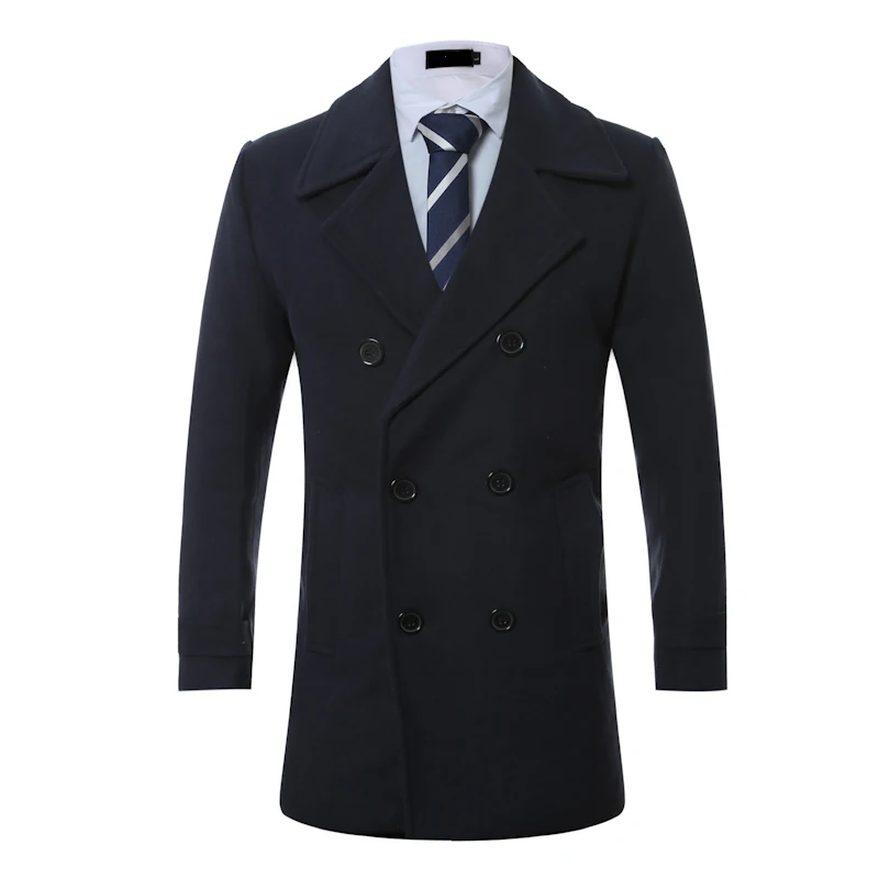 NEW Men Winter Warm Trench Woolen Coat Slim Fit Casual Reefer Jackets Solid Stand Collar Double Breasted Peacoat parka