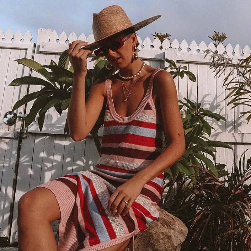 2019 Summer Women Sexy Rainbow Stripe Maxi Dress Female Knitted Split Holiday Long O-Neck Strap Beach | Женская одежда