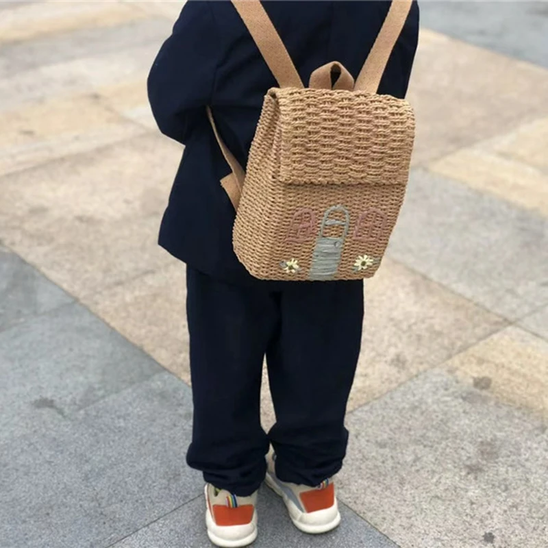 best stylish backpacks for work Double-Shoulder Straw Woven Bag Children's Backpack Straw Woven Bag Student School Bag With Hand-Carrying Woven Backpack best stylish backpacks for work