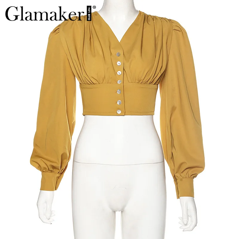 Glamaker, желтая блузка с рукавом-фонариком, женская модная уличная одежда, короткий укороченный топ, Женский плиссированный топ на пуговицах, сексуальная клубная блуза, топ