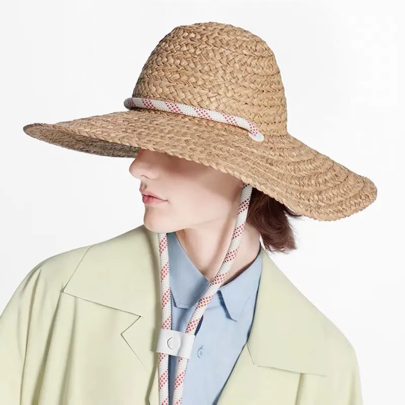 

Custom Made Spring Summer New Celebrity Raffia Straw Grass Big Wide Brim Sunhat For Women Retro Jazz Cap Rope Buckle Catwalk Hat