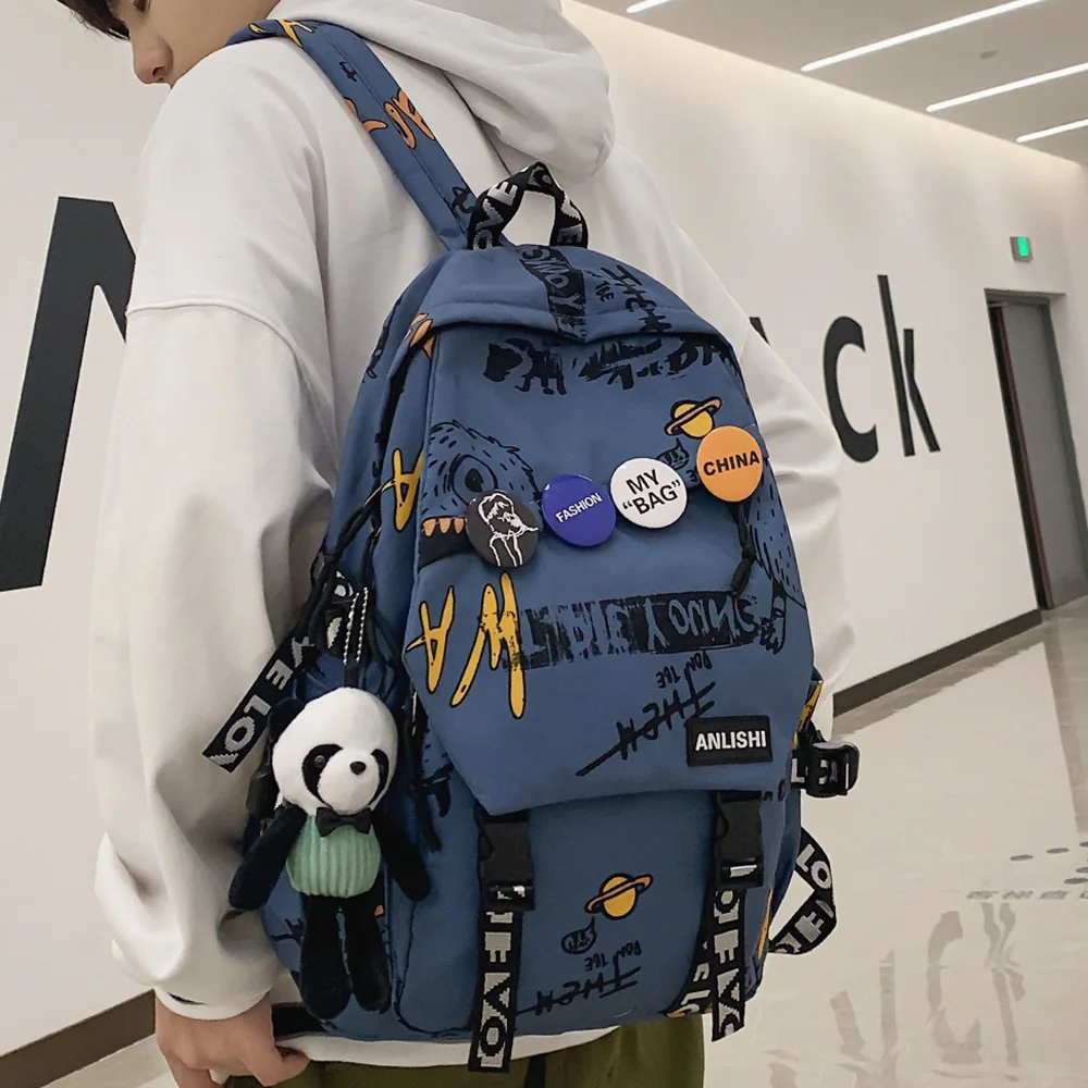 Cool Women Men Graffiti Pattern Trendy Backpack Lady Travel Badge Backpack Harajuku Bag Female Male College Girl Boy Student Bag travel backpack
