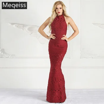 

2019 Summer Evening Party Maxi Dress With Open Back Fashion Sexy Bandage Mermaid Dress Halter Slim Ruffle Long Dresses For Women