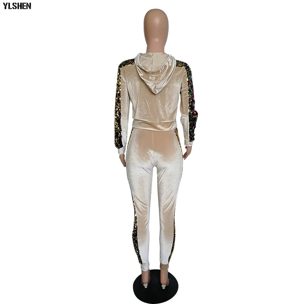 2 Two Piece Set Velvet Tracksuit Women Sexy Sequins Jogging Femme Plus Size Long Sleeve Tops +Pants Sweat Suits Matching Sets 34