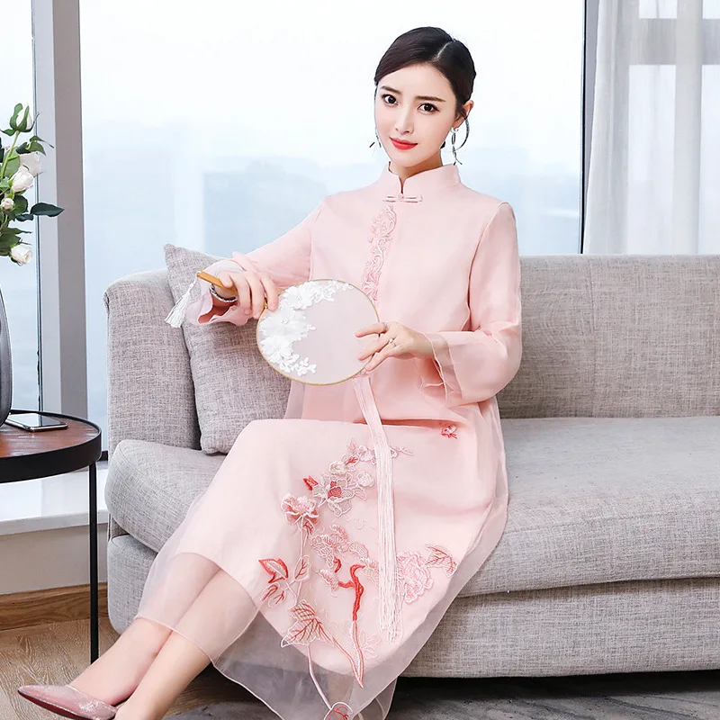 

2019 Spring New Style Large Size Dress Mid-length Literature And Art Retro Very Fairy of Chinese-style Embroided Dress Women's