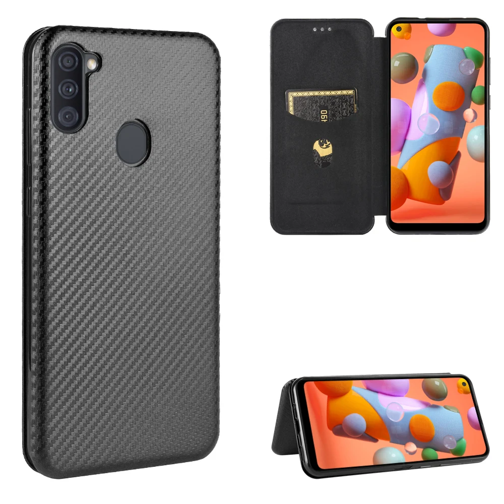 For Samsung Galaxy A11 Case 6.4 inch Carbon Fiber Flip Leather Case For Samsung A11 A 11 A115F Cover
