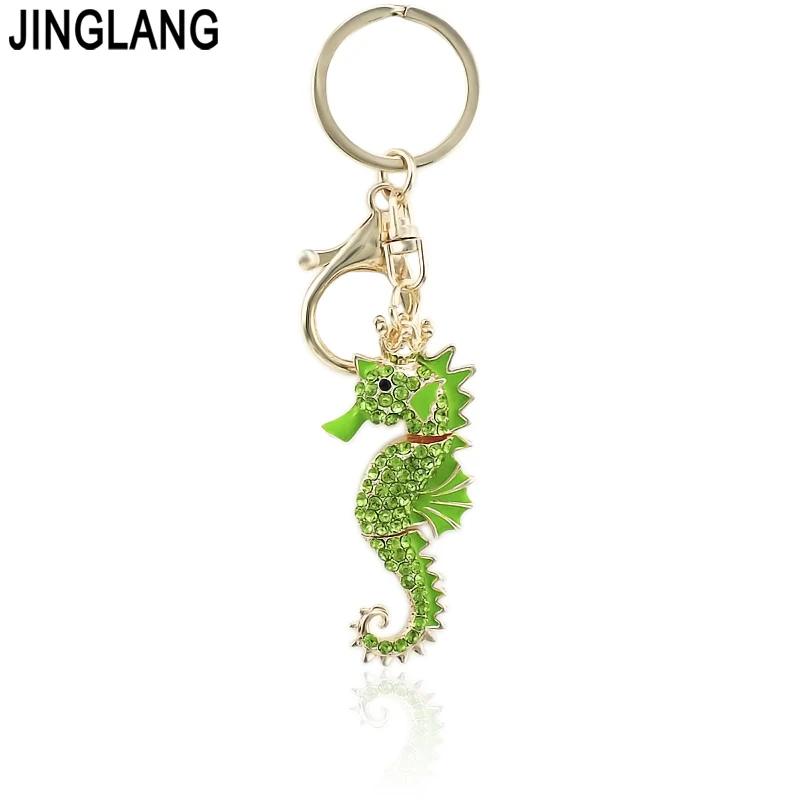 JINGLANG Gold Color Lobster Clasp Keyring Crystal Enamel Sea Horse Animal Charms Keychains For Men Jewelry Car Pendants | Украшения и
