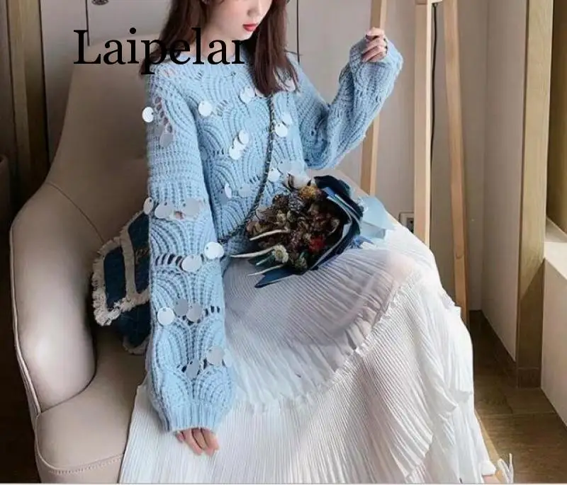 

Woman hook Hollow out Sequins Sweater thin loose Holes Pullover bat Sleeved Beading Shirt sequined blouse Oversize Smock 2019