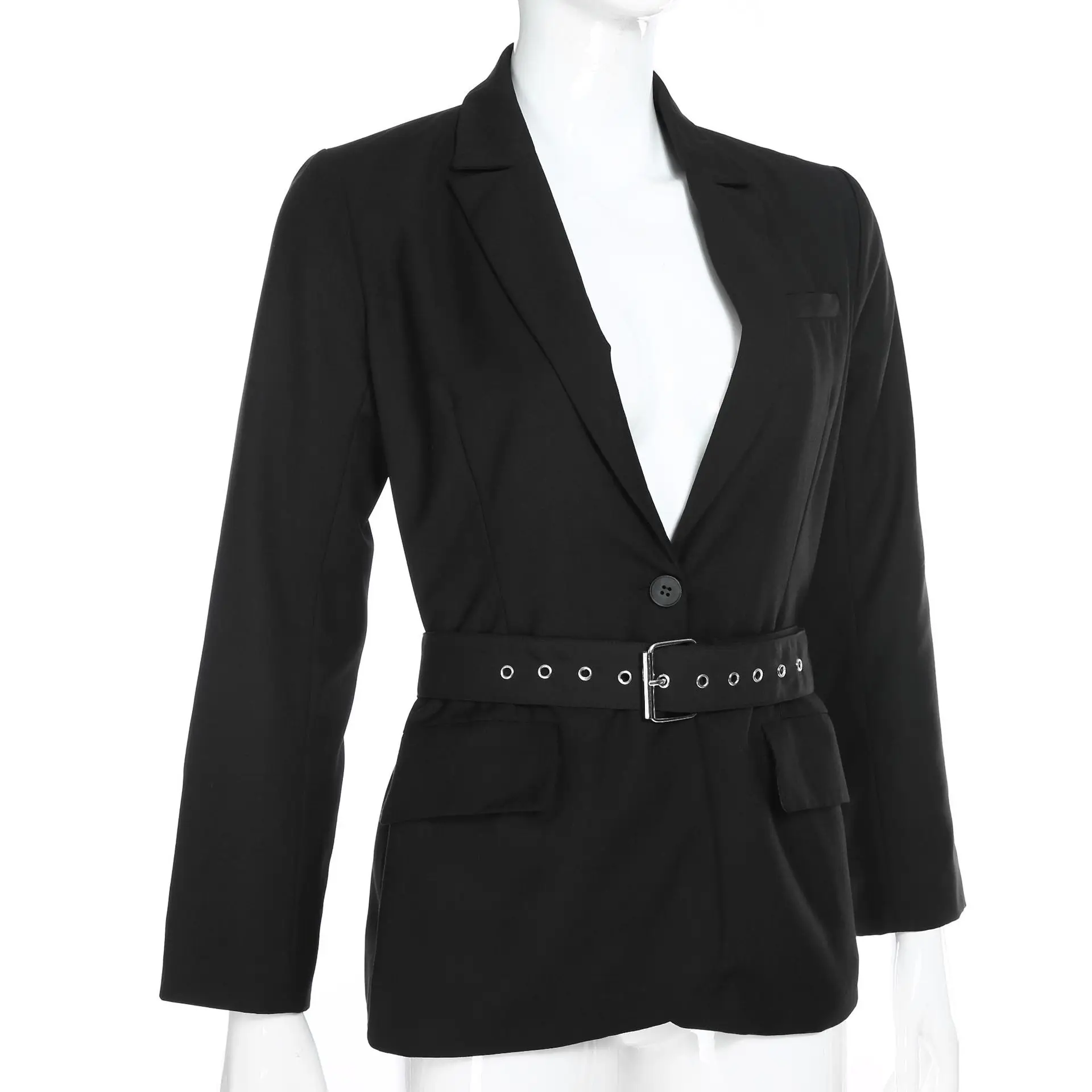 Осень Зима женский модный костюм с отворотом длинный рукав тонкий блейзеры Черная Женская зимняя одежда