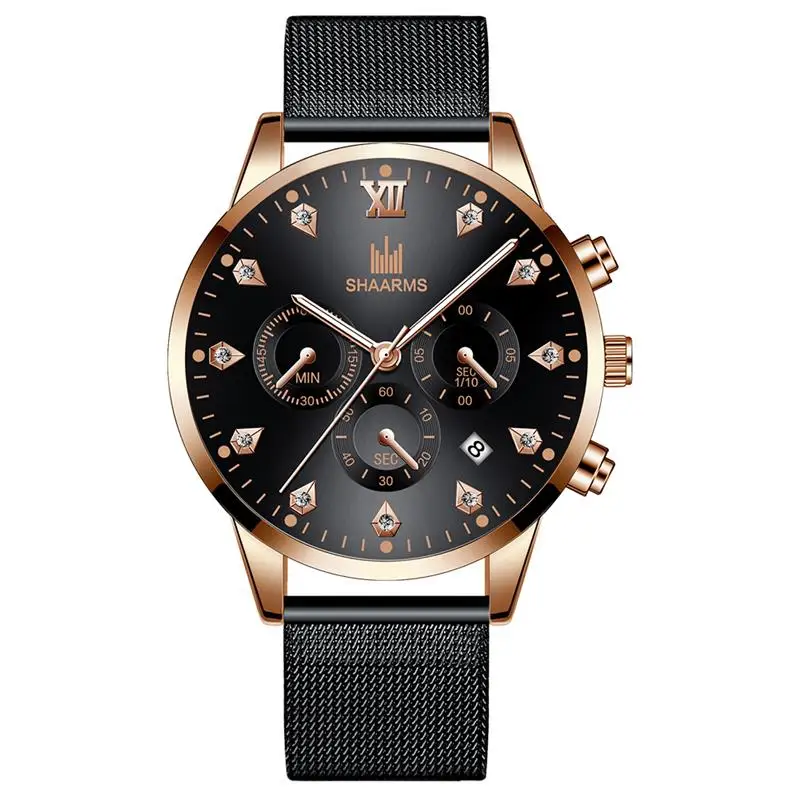 Rose Gold SHAARMS, модные мужские наручные часы, синие, DialCasual, кварцевые часы из нержавеющей стали, сетчатый ремешок, часы с датой, Reloj Hombre - Цвет: Rose Gold