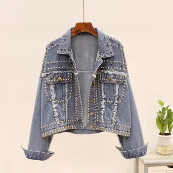 

Spring Korean Fashion Rivet Diamond Denim Jacket Women Loose Outerwear Female Short Jeans Jacket Chaqueta Mujer Basic Denim Coat