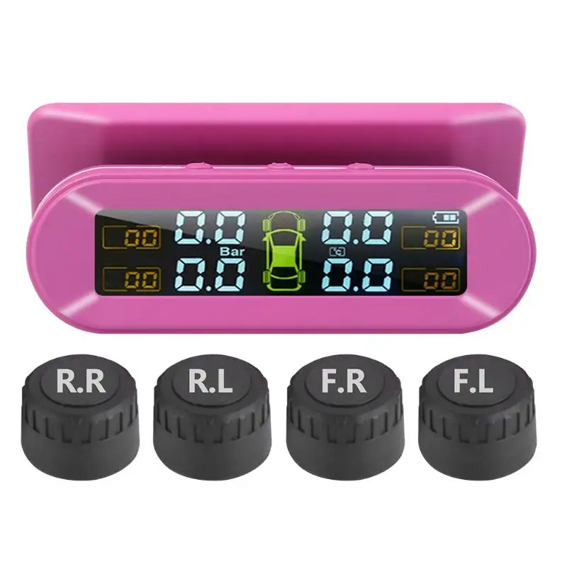 T05 usb зарядка автомобиля TPMS солнечная+ Авто контроль давления в шинах сигнализация температуры в шинах с 4 датчиками розовый - Цвет: External
