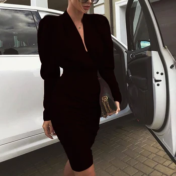 

Sexy Fashion Dress 2020 Women Autumn Dress Long Sleeve V neck Frilly Bodycon Dress 3 Colour Casual Mini Office Dress