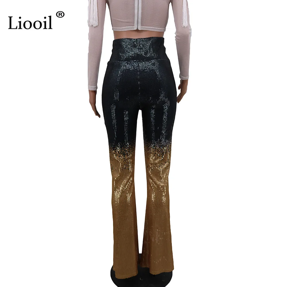 Liooil, цветные, с блёстками, с высокой талией, расклешенные брюки,, уличная одежда, обтягивающие брюки, женские, черные, клеш, сексуальные, Клубные, длинные штаны