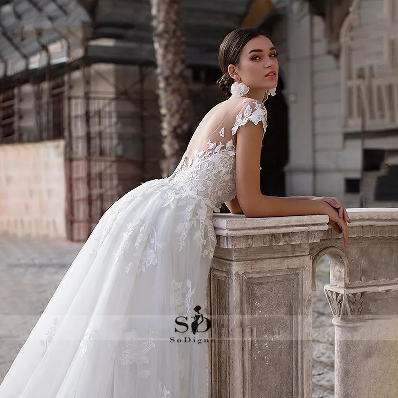 Wedding Dress 2020 Short Sleeves Appliques Mermaid Bridal Dress With Detachable Train vestidos de novia Overskirt Wedding Gowns