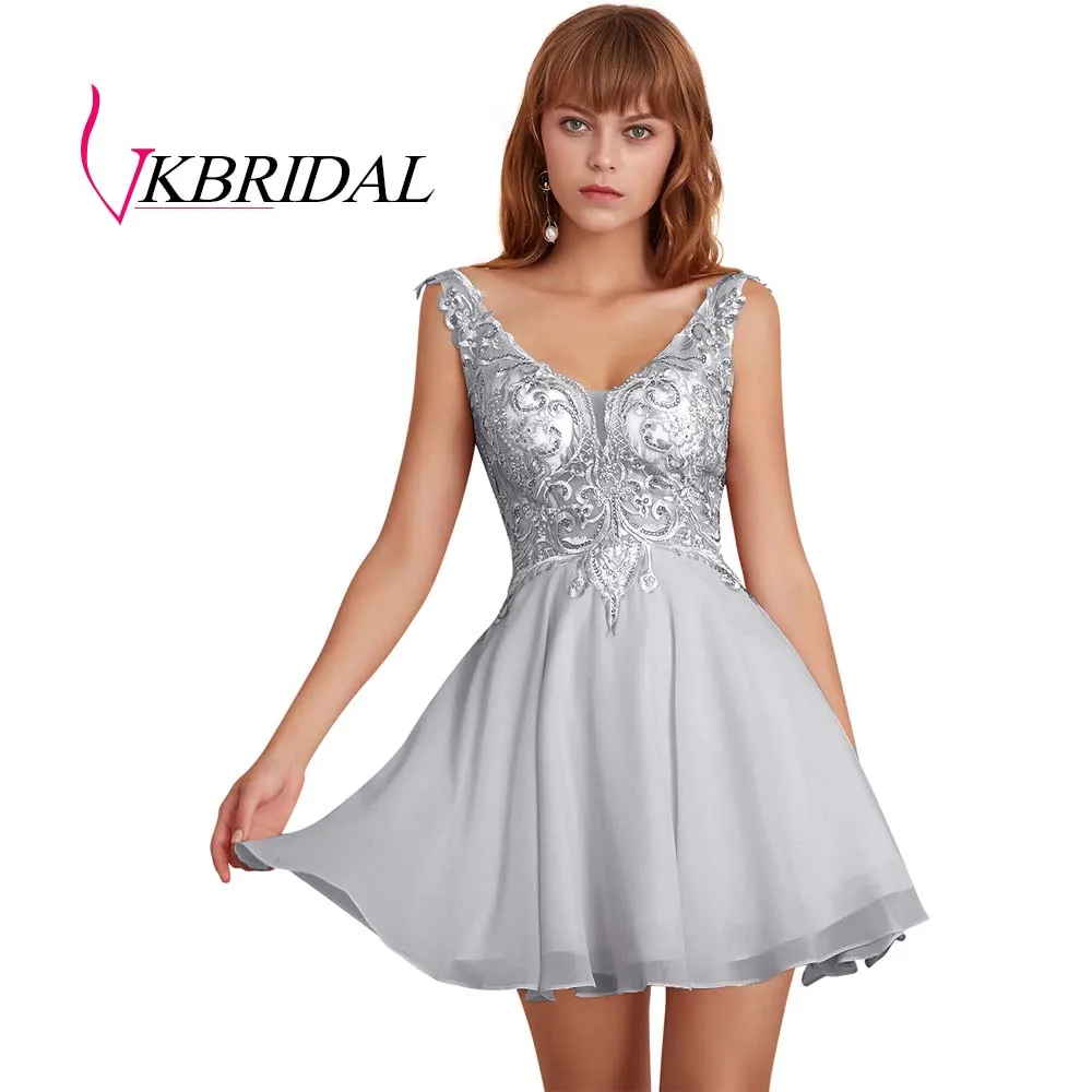 Серебристый VKBRIDAL, сексуальные платья с открытой спиной для выпускного вечера, короткие,, v-образный вырез, шифон, кружево, бисер, жемчуг, розовые, вечерние платья для выпускного вечера - Цвет: Серебристый