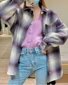 

2020 Autumn Winter New Pattern Fashion Versatile Easy Leisure Single Breasted Plaid Hairline Women's Long Sleeve Shirt Coat M8