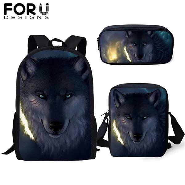 FORUDESIGNS/3 шт./компл. школьная сумка для мальчиков-подростков с изображением замечательного волка 3D печати рюкзак для студентов, рюкзаки в виде животных для детей рюкзак для путешествий - Цвет: CDWX3762CEK