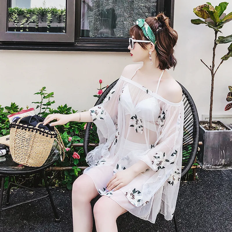 

Korean-style Graceful Three-piece Set Swimsuit Women's Split Type Small Bust Gathering Bubble Hot Spring Swimwear Belly Covering