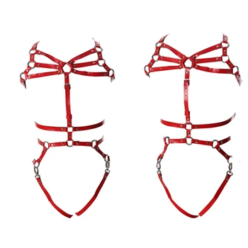 

Red Leather Harness Set Cage Bra Sexy Lingerie Strap Bondage Harajuku Goth Party Dance Rave Hollow Out Garter Belt for Women