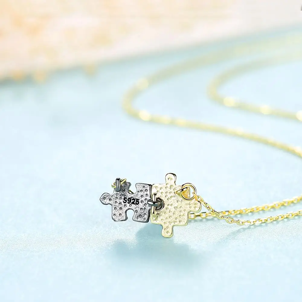 Gem&Time Friendship Sterling 925 Silver Pendant necklace Mens womens couple puzzle Best friend jigsaw necklace jewelry SN0356