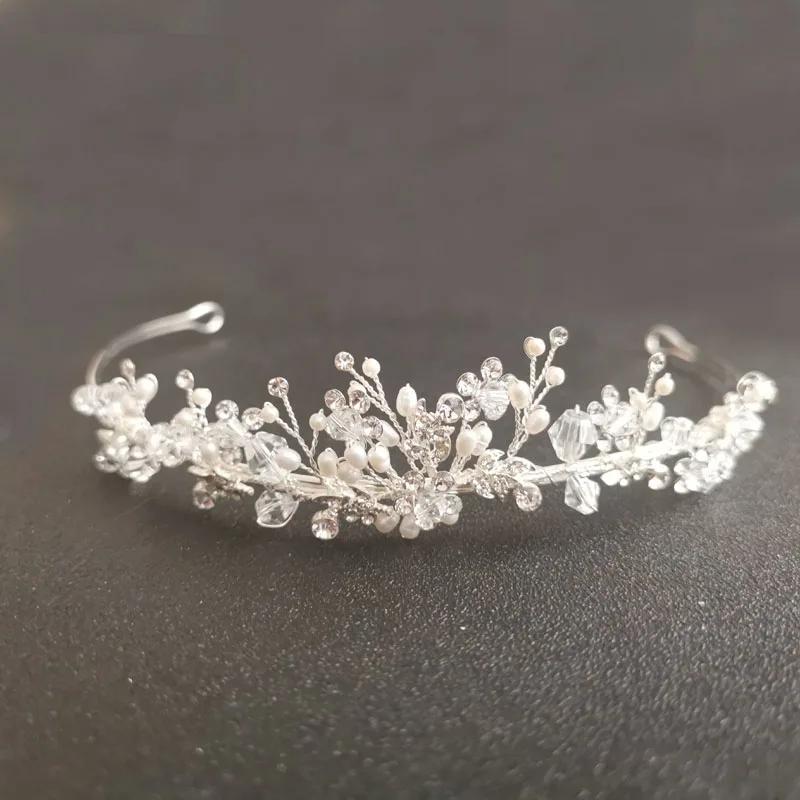SLBRIDAL ручной работы, со стразами кристалл пресноводный жемчуг свадебная диадема Корона принцесса женские аксессуары для головных уборов