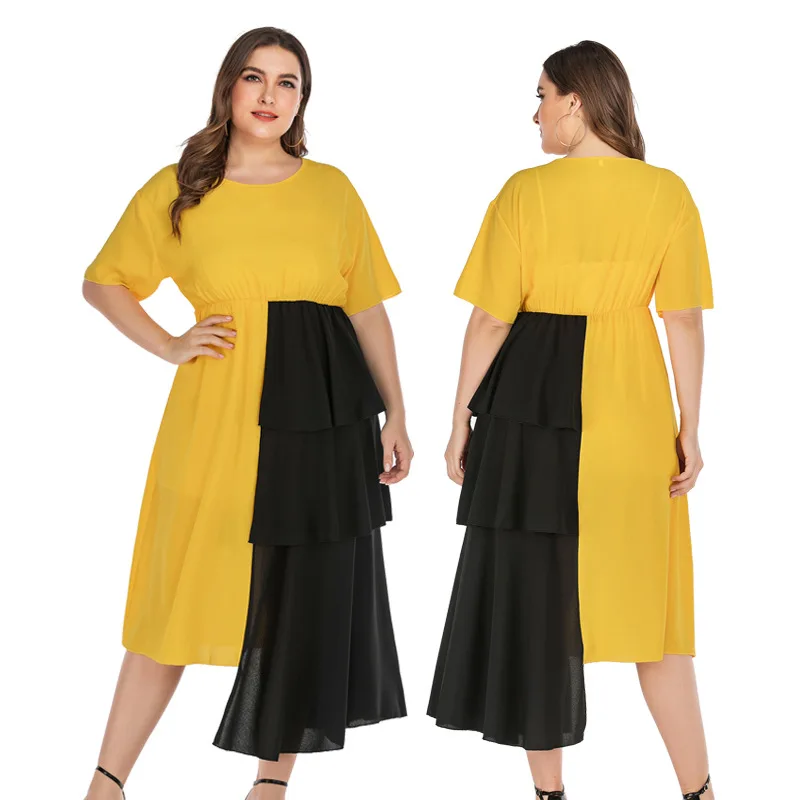 

Round Neck Short Sleeve Chiffon Stitching Irregular Large Size Dress 2020 Summer Solid Color Paris Beadsfashion Mid-length Dress