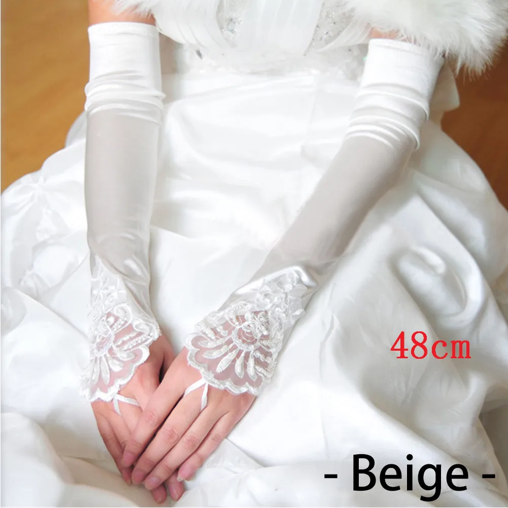 48cm beige 1 пара Новые перчатки без пальцев для невесты кружевные атласные женские свадебные аксессуары для выпускного вечера свадебные перчатки - Цвет: 48cm beige
