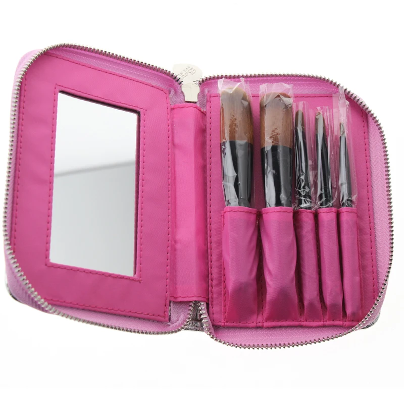 

16*11.5cm Professional Cosmetic Makeup Brush Bag With Mirror And 5Pcs Brush Set For Women Girls Gift