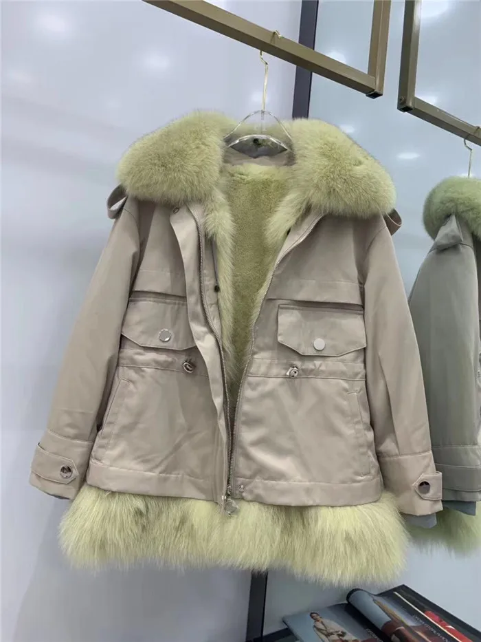 khaki with green Женские Новые парки шуба из натурального Лисьего меха теплая Толстая съемная меховая подкладка из натурального меха лисы женская зимняя куртка - Цвет: khaki with green