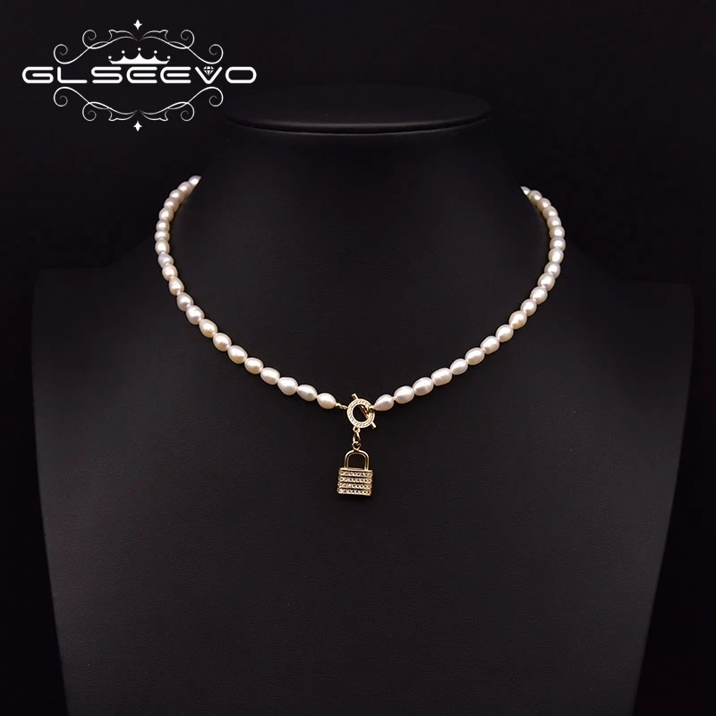 GLSEEVO-순수 천연 담수 진주 여성 지르콘 잠금 핀 펜던트 목걸이, 웨딩 파티 생일 선물 GN0288B