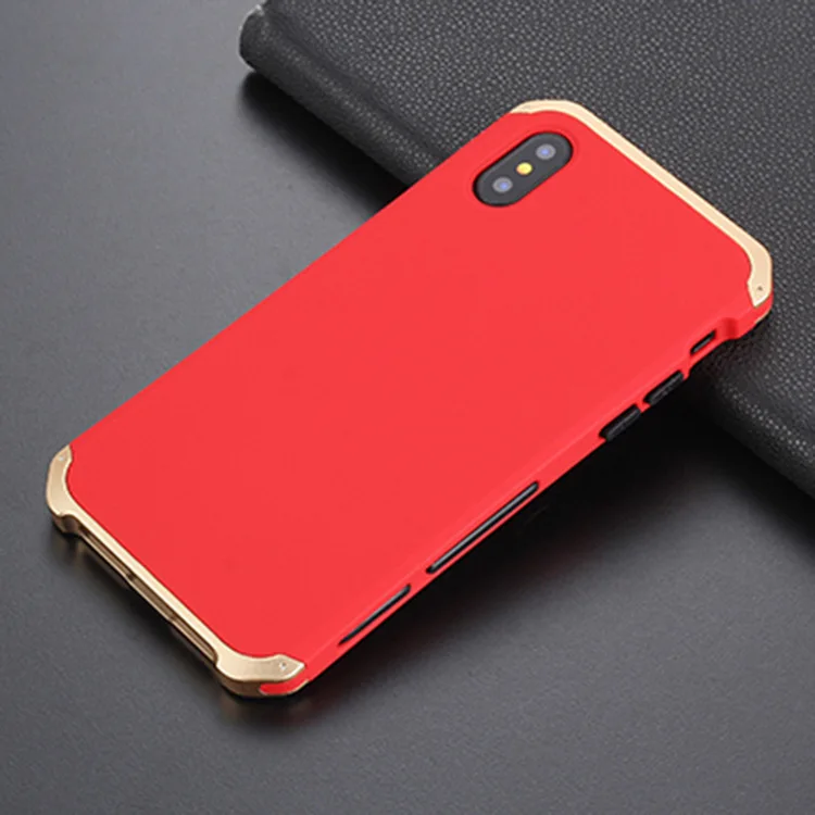 Textured Anti-fall Metal Frame Plastic Back Plate For iPhone X Aluminum Alloy Mobile For iPhoneX Bumper Case Cover With Gift - Цвет: Red  Gold Side