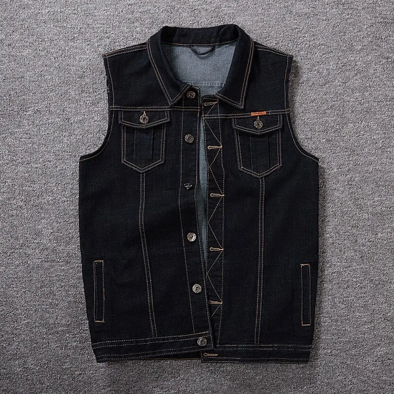

Spring Korean Slim Fit Mens Sleeveless Denim Waistcoats Casual Fashion Single Breasted Turn Down Collar Male Vests Plus Size 8XL