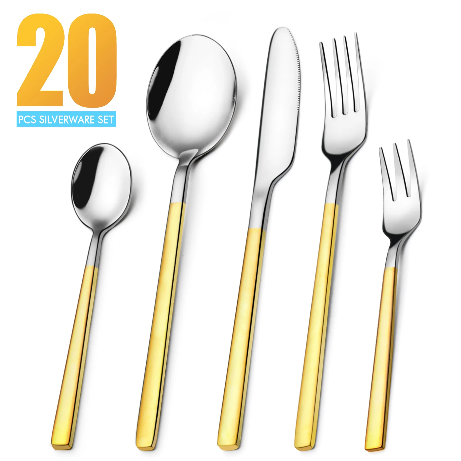 20 PCS Kitchen Dinnerware Set Stainless Steel Pure Gold Plating