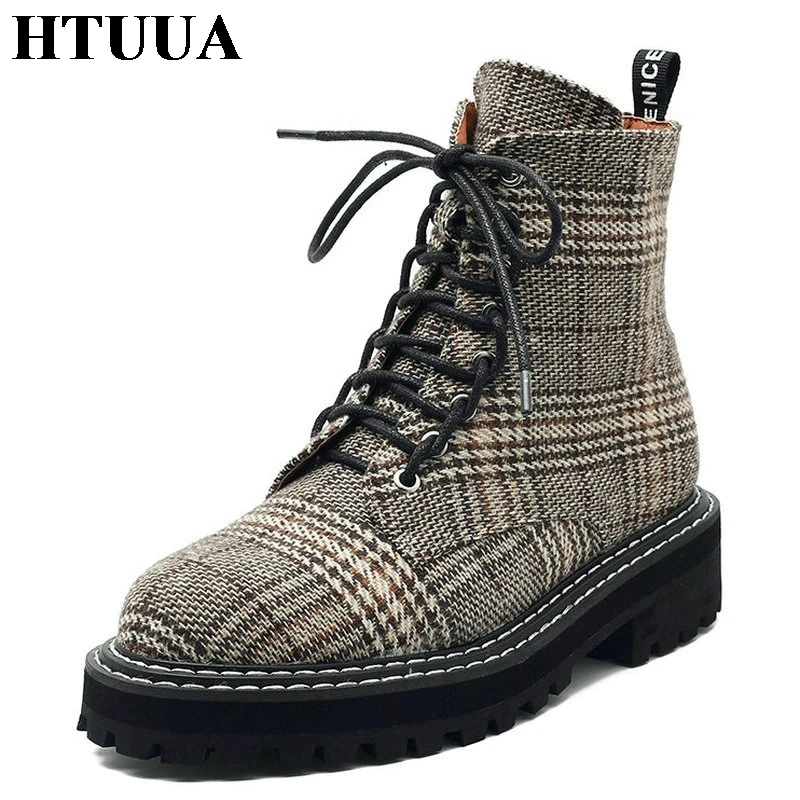 HTUUA/теплые плюшевые зимние ботинки; женские короткие ботильоны на шнуровке в клетку; женские осенние ботинки на массивной платформе; женская обувь; SX3438