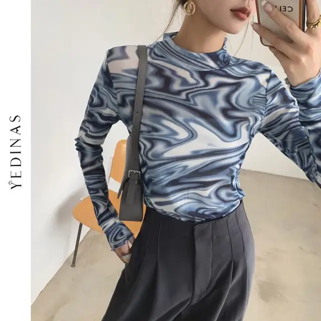 Yedinas Tie Dye Blue Mesh Top Long Sleeve T Shirt Women Turtleneck See  Through Tshirt Designer Y2k Fashion 2021 Spring Autumn