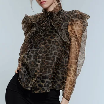 

2019 ZA WOMEN ANIMAL PRINT ORGANZA TOP WITH BOW KNOT High neck semi-sheer top with a bow and long sleeves that puff
