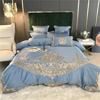 

Luxury European palace Style Exquisite Embroidery Satin Silk Cotton Bedding Set Duvet Cover Bed Linen Fitted Sheet Pillowcases