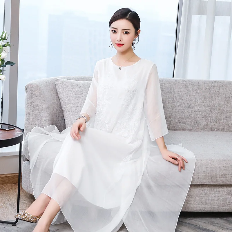 

2019 Summer New Style Elegant Long Skirts Chinese-style Large Size Dress Retro Elegant Loose-Fit Ethnic-Style One Piece Long Ski