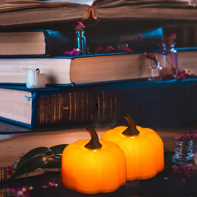 

24 Pieces Flickering Tealights Candles with Pumpkin Shape,Plastic Battery Flameless Halloween Candles
