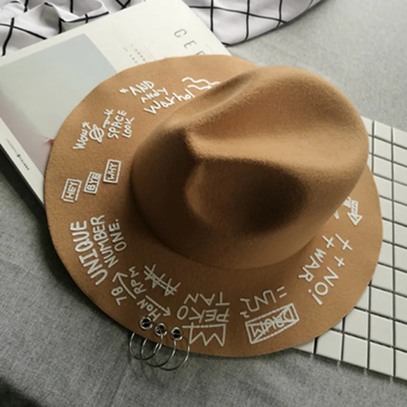 Fedora hat piercing graffiti letters woolen hat Korean style tide men and women wide brim top hat British jazz hat hip hop winte straw fedora hat Fedoras