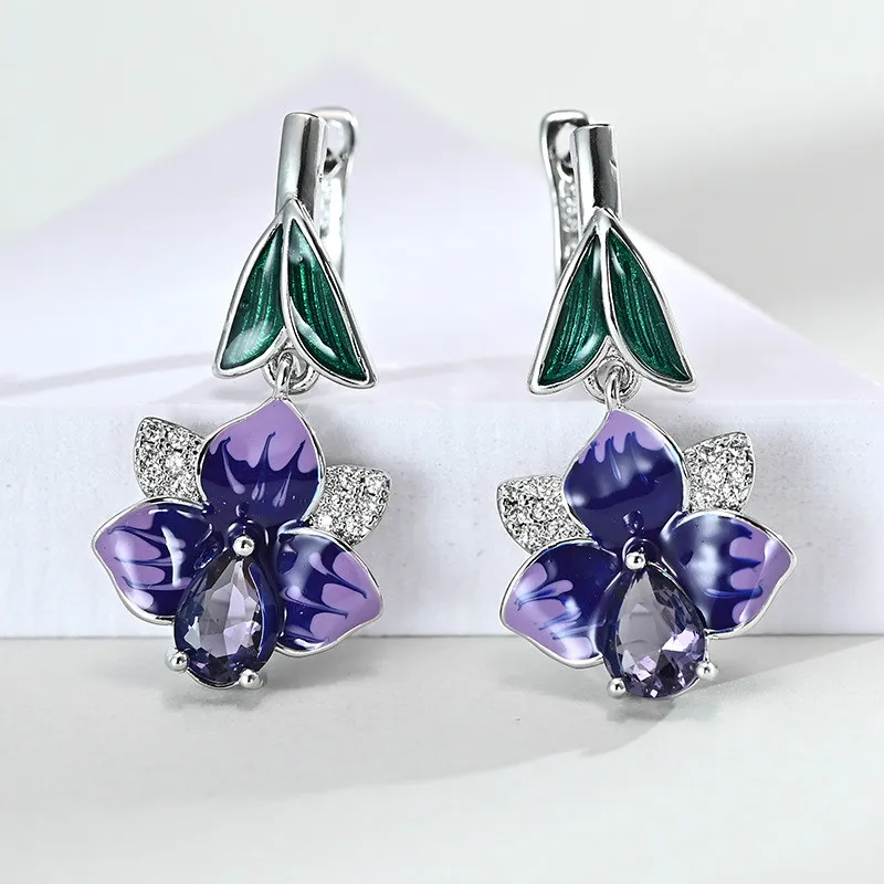 High Quality Big Flower Purple Enamle Drops Dangle Earrings for Women Exquisite Cubic Zirconia Wedding Party Jewelry | Украшения и