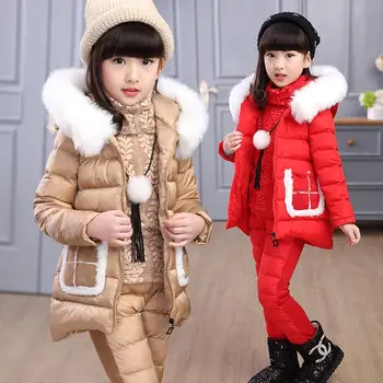

Girls Clothing Sets for Russia Winter Hooded Warm Vest Jacket+Warm Top Cotton Pants 3 Pieces Set Girl Cotton Coat with Fur Hood