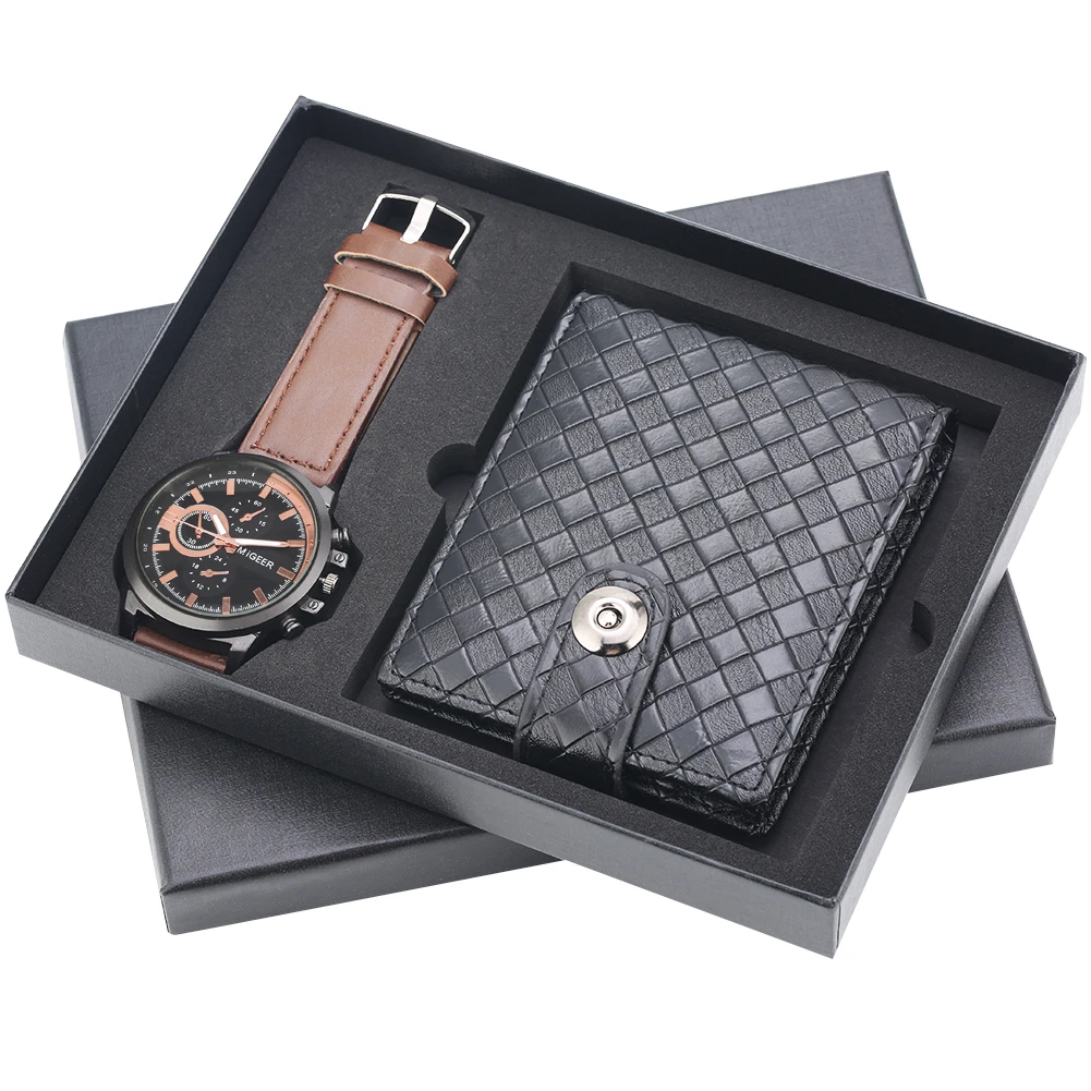 Men's Wristwatch Gift Set Quartz Watch Brown Leather Watchband Black Wallet Male Purse Fine Birthday Gift Box for Daddy Husband