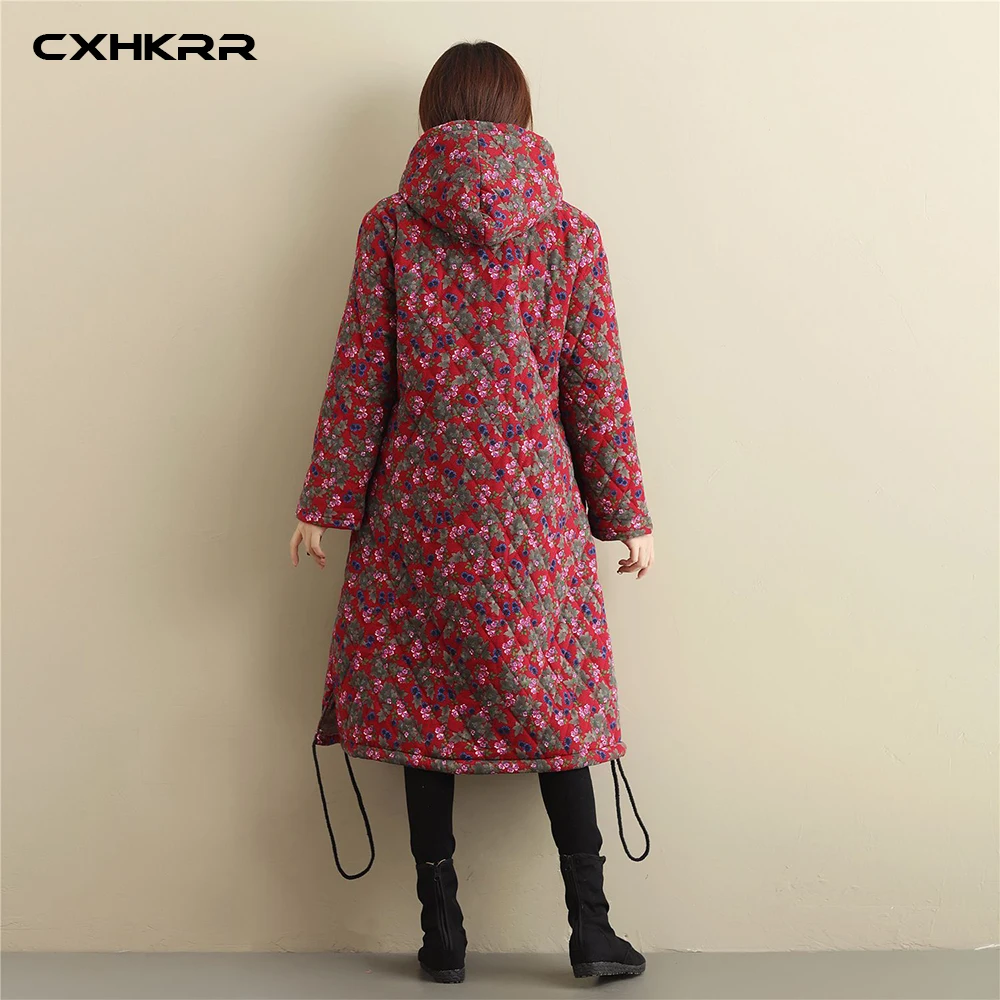 CXHKRR, новинка, Национальный стиль, большой размер, с принтом, с капюшоном, Женское зимнее пальто, свободное, Ретро стиль, с длинным рукавом, толстое, хлопковое пальто