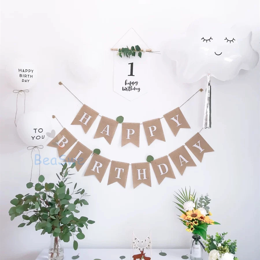 Big Foil Smile Cloud ONE Burlap HAPPY BIRTHDAY Banner 1st 2nd Flag Latex Balls High Chair Banner Baby Birthday Party Decor